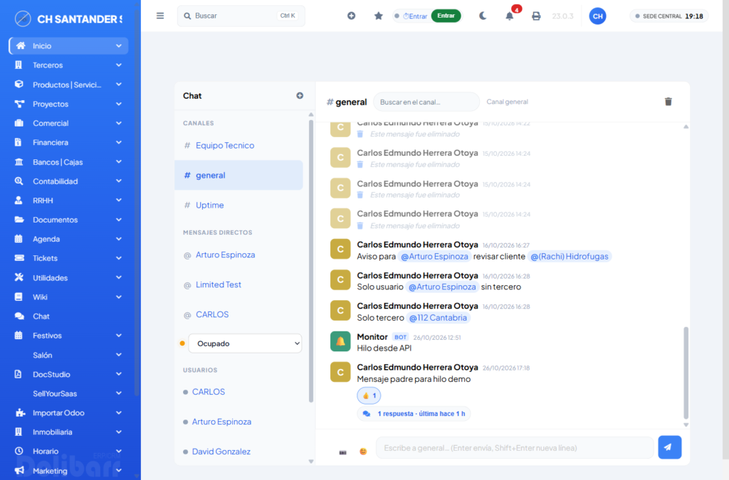 CHChat – mensajes con hora, hilos, reacciones emoji y mensajes borrados