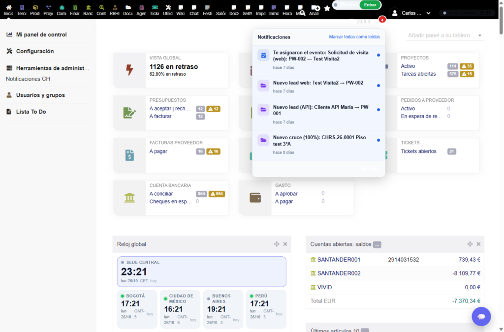 CHNotify – campana desplegada en la barra superior de Dolibarr