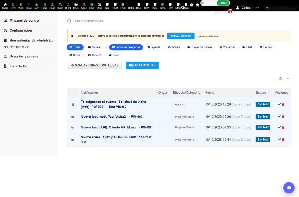 CHNotify – lista de notificaciones con filtros