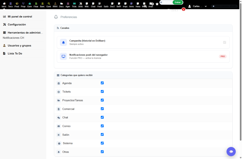 CHNotify – preferencias por usuario y categorías