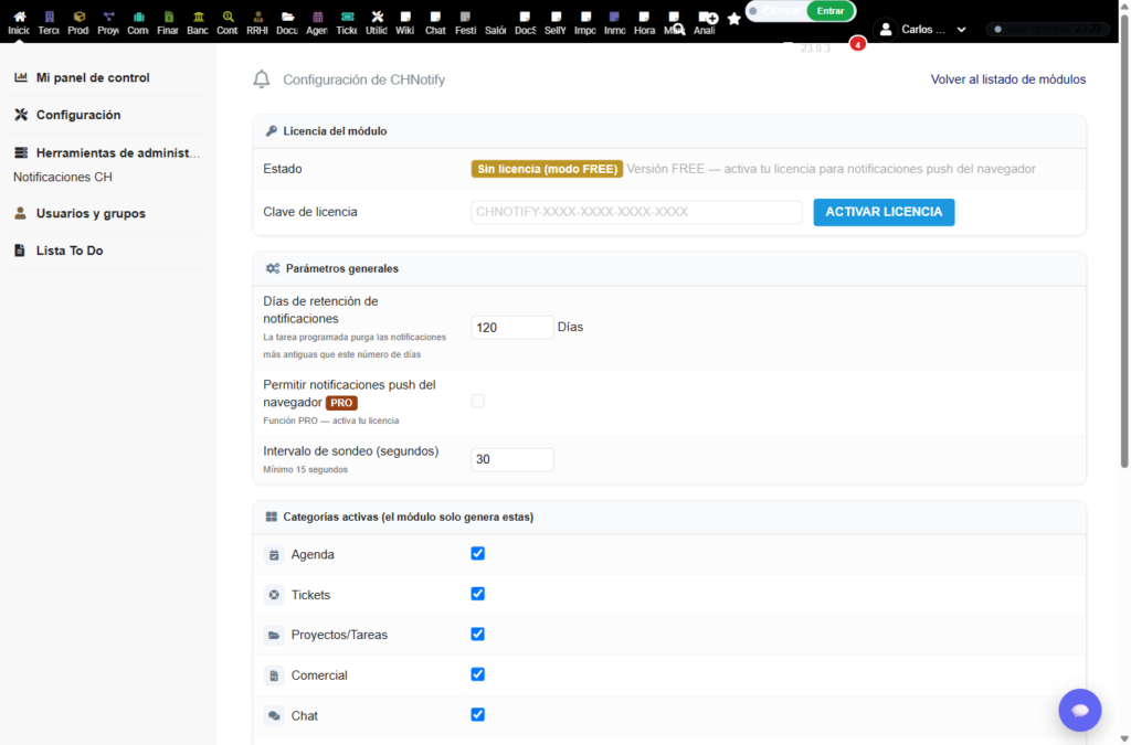 CHNotify – página de configuración con licencia