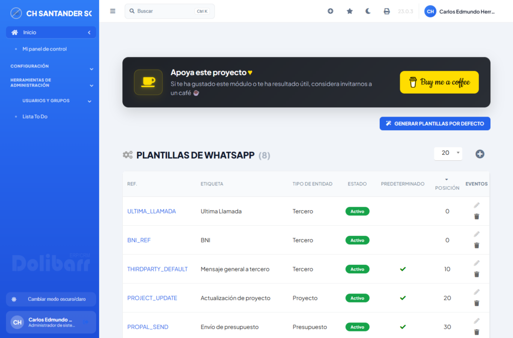 Lista de plantillas de mensajes de WhatsApp del módulo